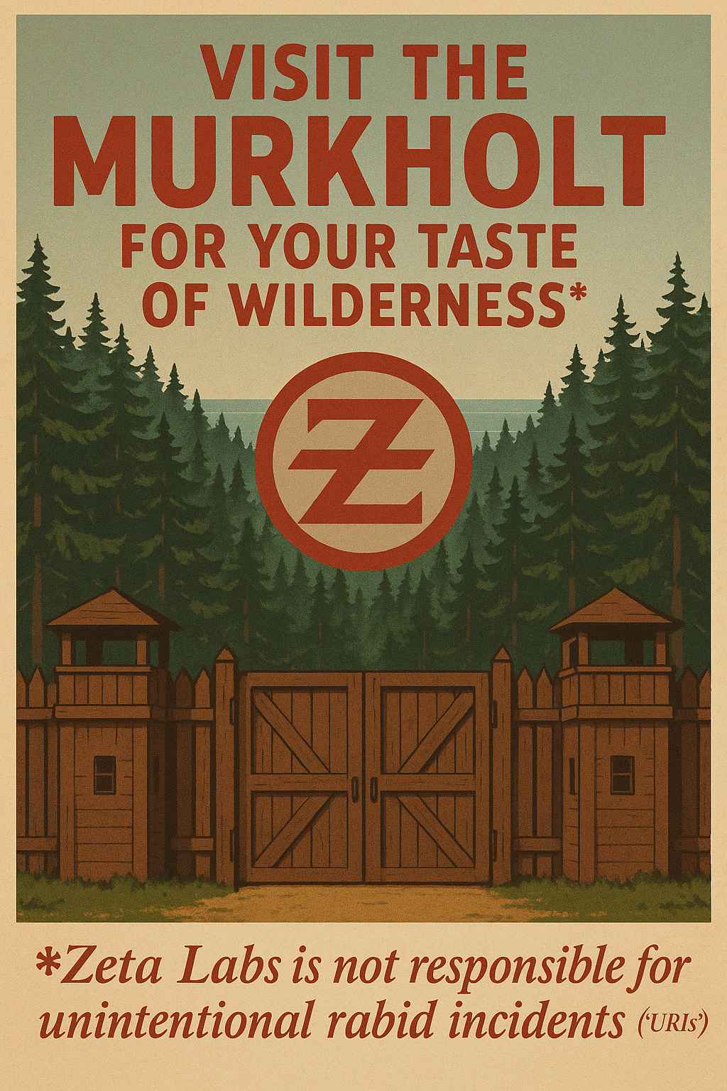 Visit the Murkholt for Your Taste of Wilderness - Zeta Labs tourism poster with disclaimer