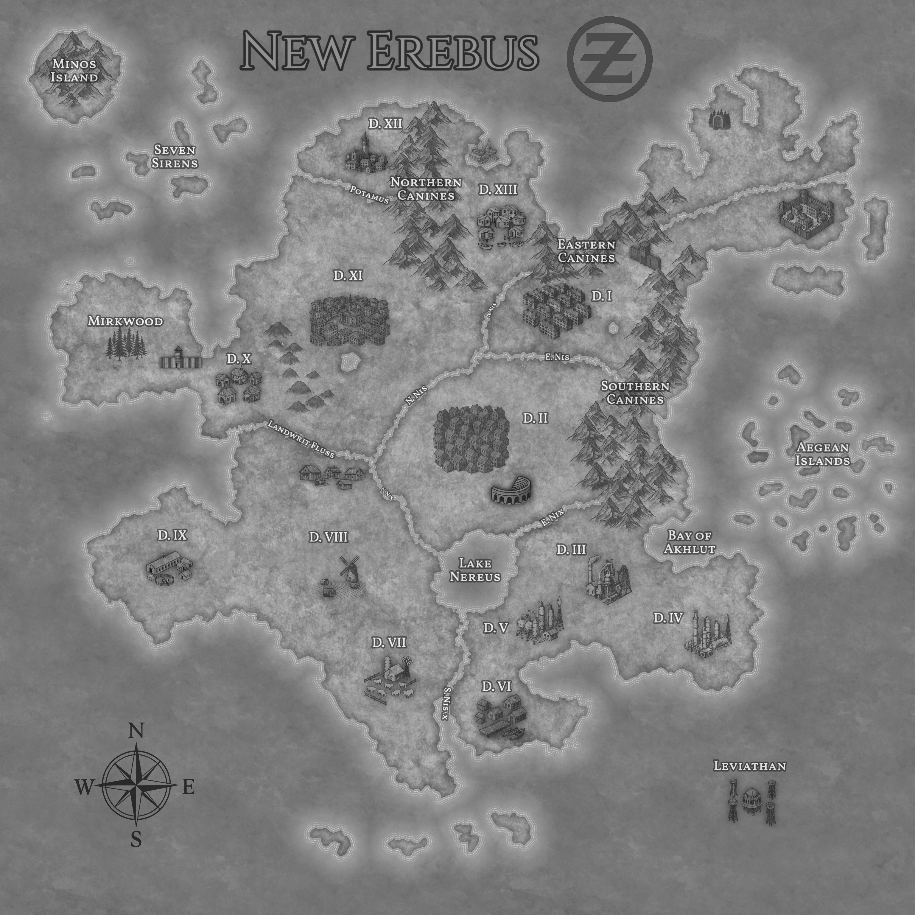 Map of New Erebus showing districts, landmarks, and territories